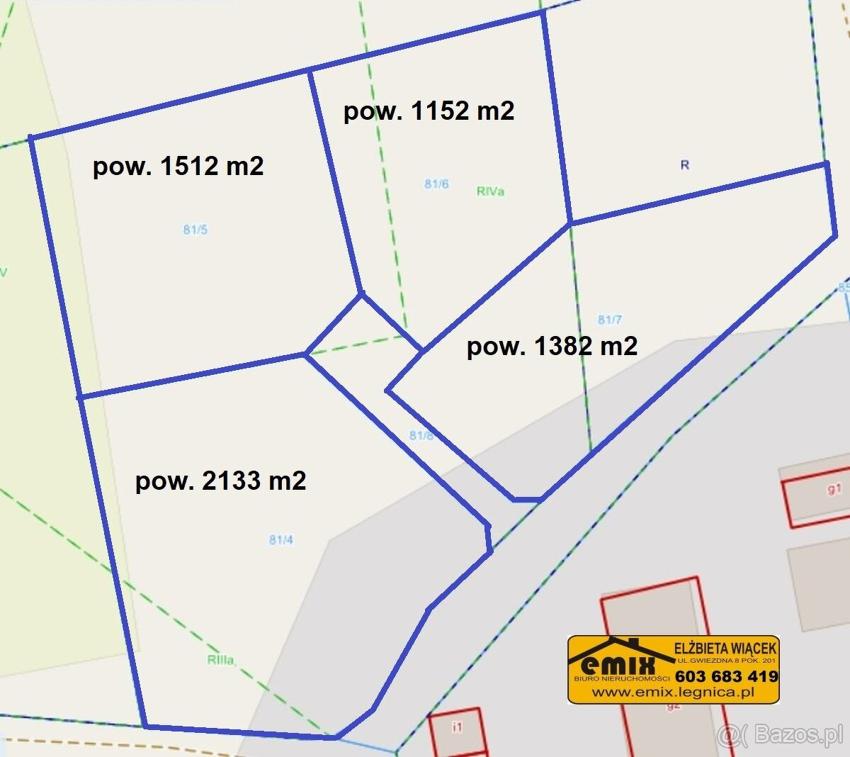 4 działki budowlane w Wysocku k. Złotoryi - 80 zł./m2