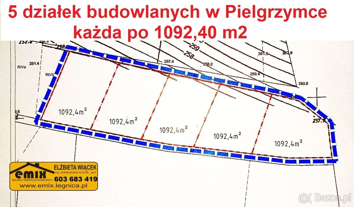 5 działek budowlanych, po 1092 m2 każda, Pielgrzymka